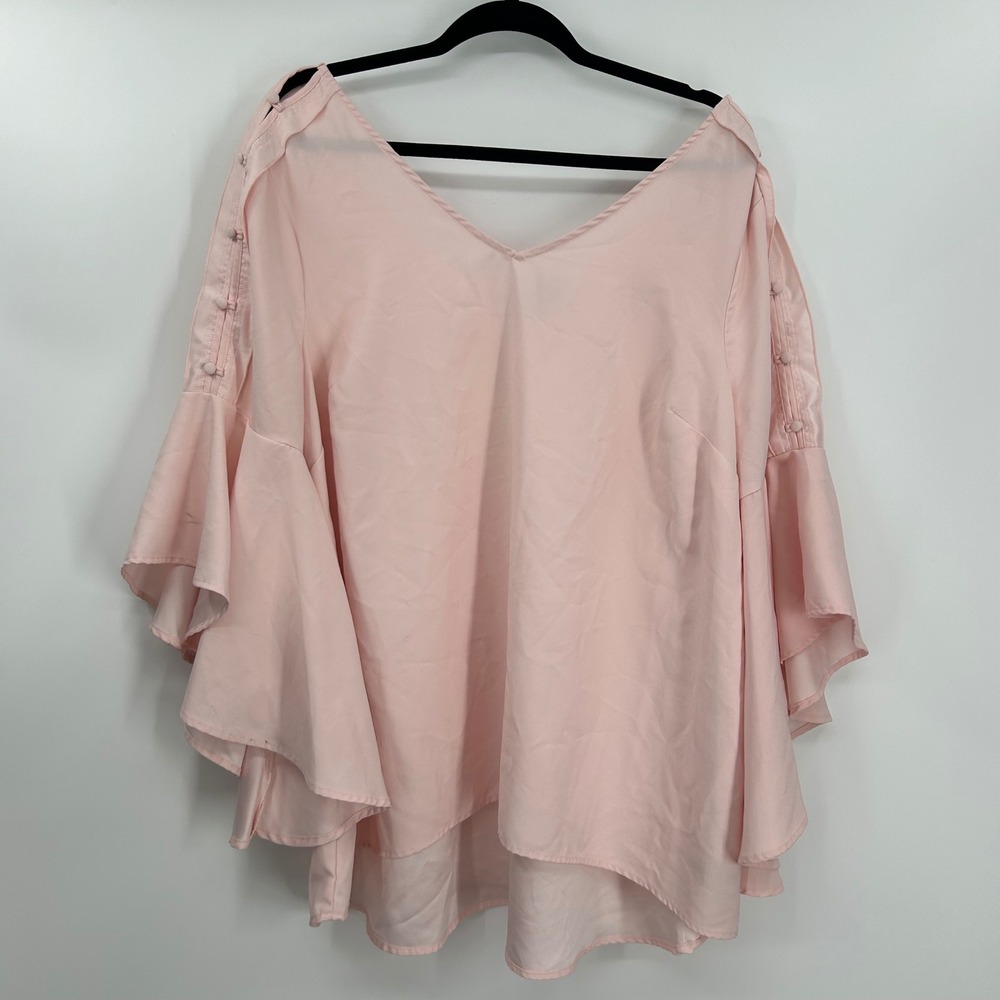 Lane Bryant Womens 14/16 Pink Bell Sleeve V-Neck Blouse Back Tie Bow Accent